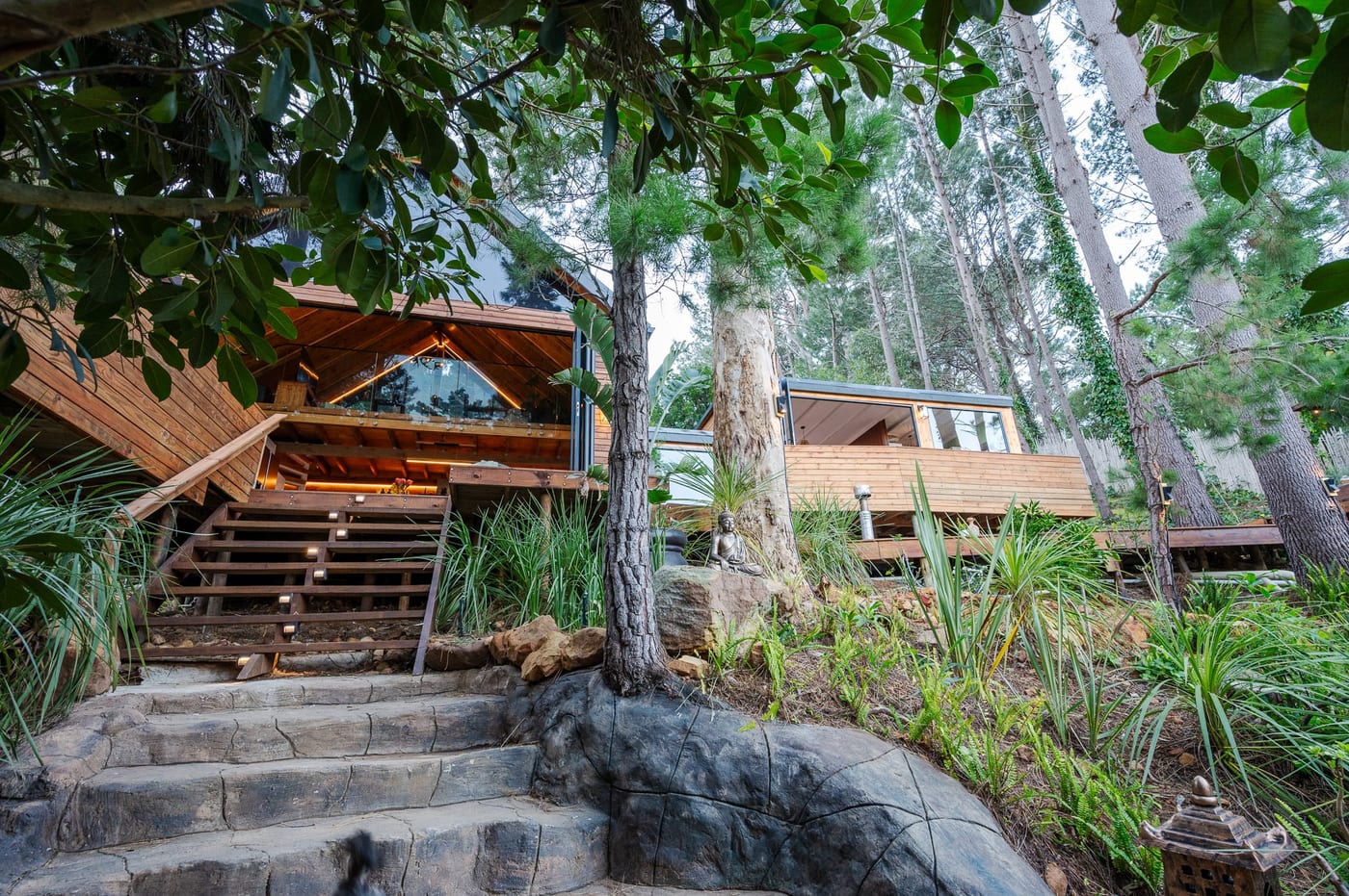 The cabin seen from the garden path at dusk, ferns and a Buddha on the rock