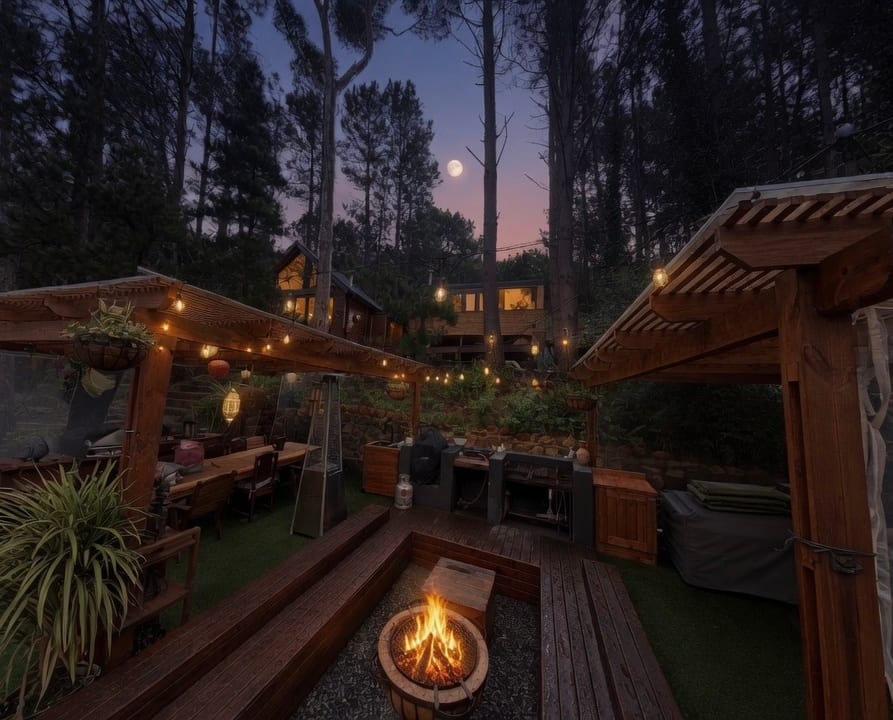 The fire pit and festoon-lit deck at dusk, with the studio beyond in the pines